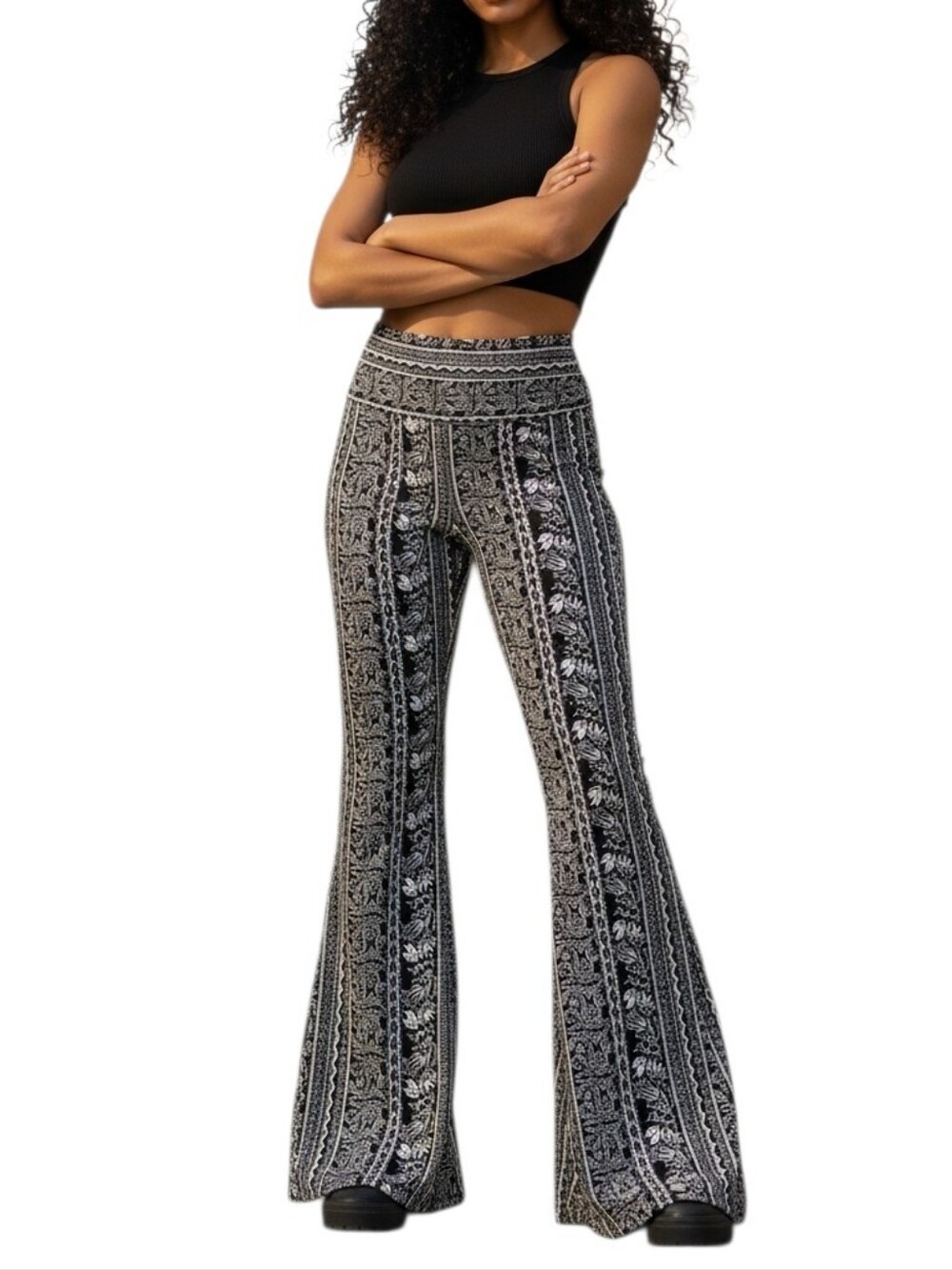 Sho Sho Black & White Patterned High-Rise Flare Pants Women's Size M Soft Comfy